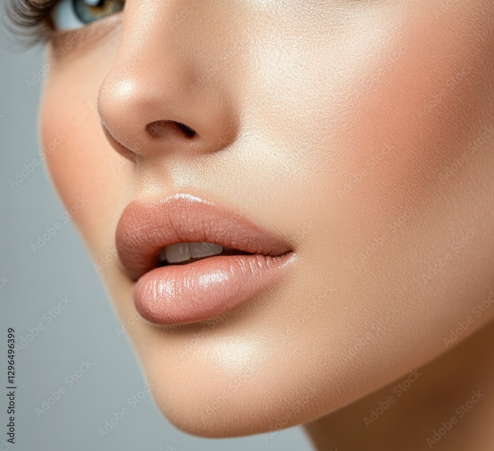 Close-up of a beautiful woman's face with smooth, healthy skin and glossy lips. The skin tone is slightly tanned. Close-up of a beautiful woman's face with smooth, healthy skin and glossy lips. The skin tone is slightly tanned.