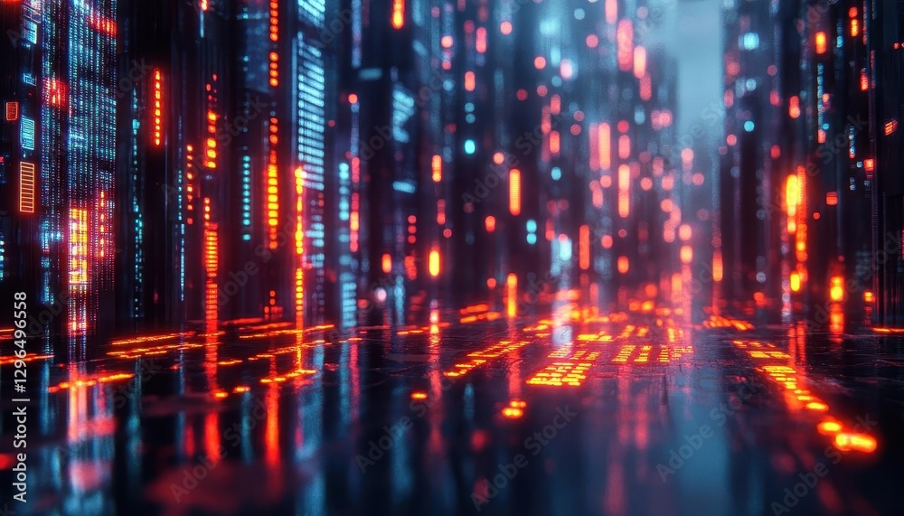 Naklejka premium A stock market trading floor with glowing holographic financial charts and neon-lit data streams, Cyberpunk, 3D Render, Cool tones