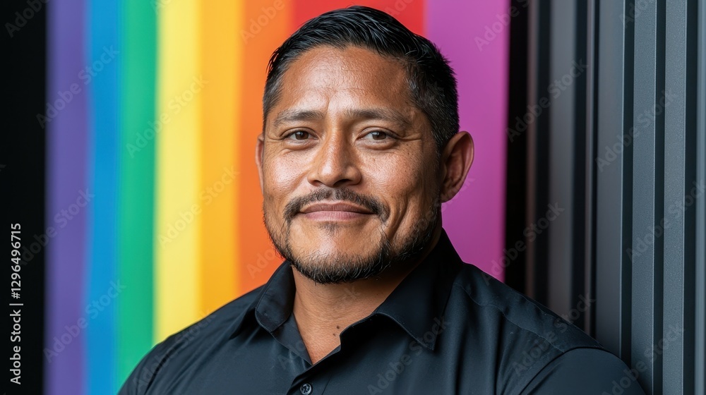 Obraz premium A confident man stands against a vibrant rainbow mural in an urban environment, exuding pride and joy. The atmosphere is lively and inclusive