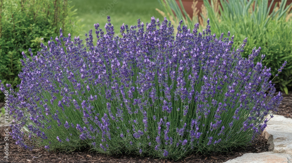 Obraz premium Blooming Lavender Bush in Garden with Purple Flowers and Green Foliage