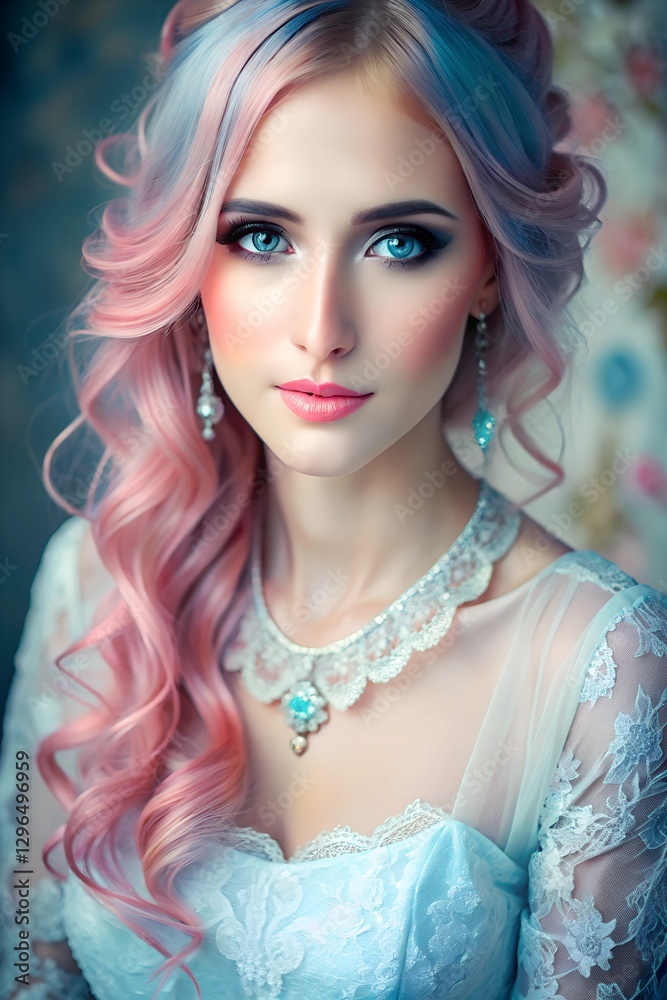 Timeless Elegance: Close-Up of Saira in Victorian Blue with Bubblegum-Pink Hair and Dreamlike Aura Timeless Elegance: Close-Up of Saira in Victorian Blue with Bubblegum-Pink Hair and Dreamlike Aura
