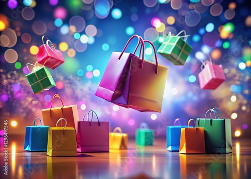 Glowing Lines Connect Floating Shopping Bags & Boxes - Bokeh Effect Stock Photo