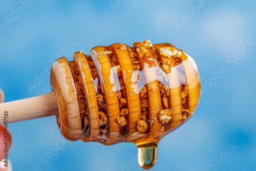A close-up of a spoonful of crispy granola with honey dripping from it