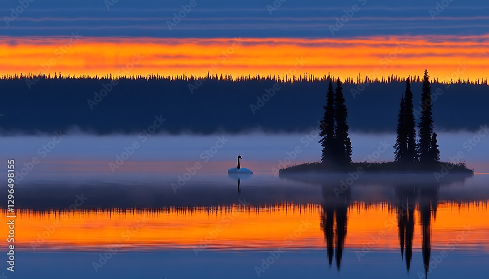 Obraz premium Sunrise Swan, Misty Lake, Boreal Forest