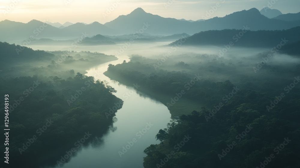 Aerial View of River Flowing Through Mountains in Foggy Forest Aerial View of River Flowing Through Mountains in Foggy Forest