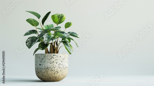 A decorative indoor plant in a ceramic pot, standing alone on a flawless white background, captured in high-resolution realism.