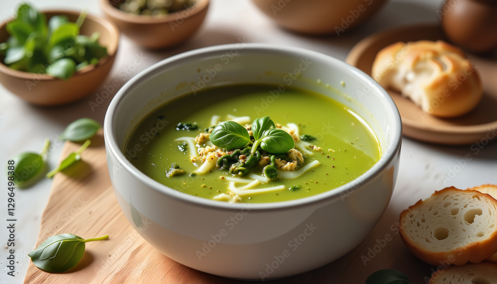 Vibrant caldo verde soup in zen kitchen, creative nourishment Vibrant caldo verde soup in zen kitchen, creative nourishment