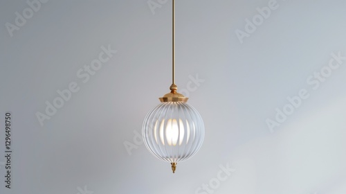 A decorative pendant light with an elegant glass shade, hanging against a seamless white backdrop in high-resolution clarity.