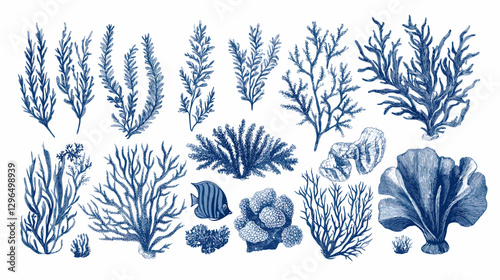 Corals and seaweed. Vector Hand Drawn Coral Sketch Botanical Illustration. Underwater flora, sea plants. Line art clipart. Vintage pink and blue marine plants isolated on a white background