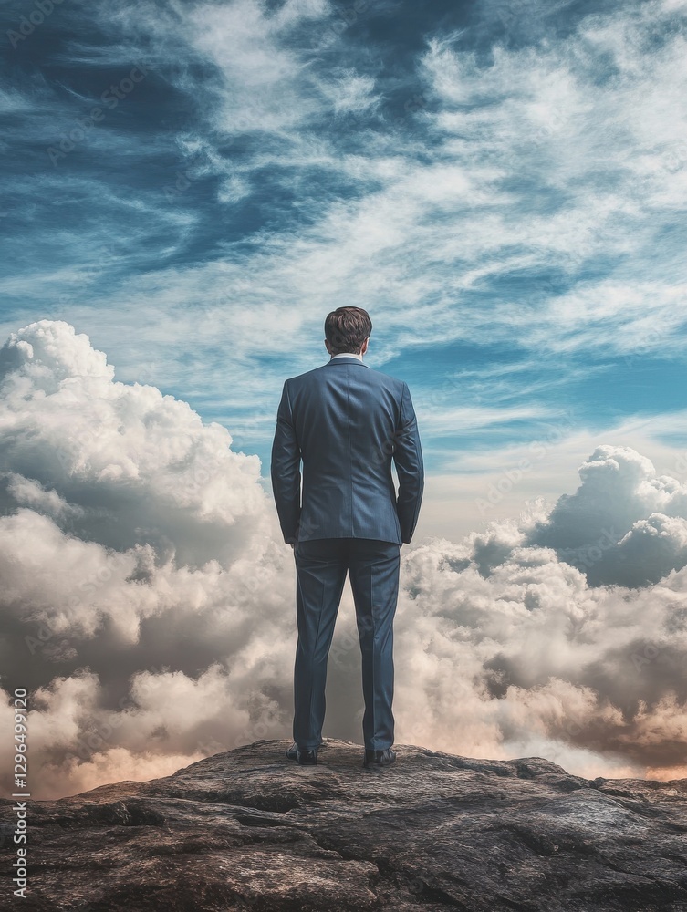 Businessman considering a brainstorm for marketing in cloudy landscape Businessman considering a brainstorm for marketing in cloudy landscape