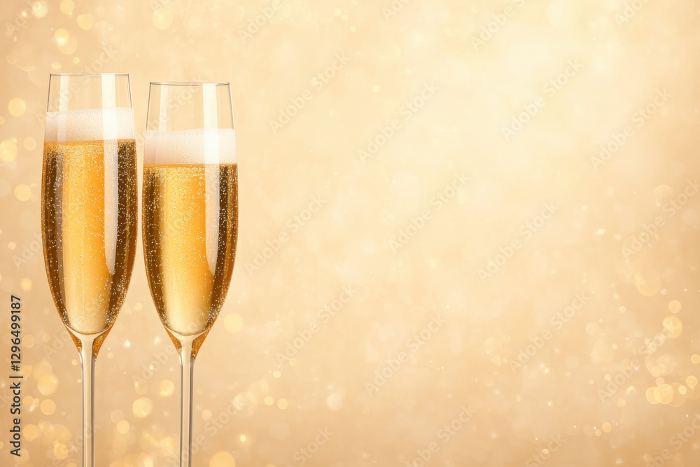 Champagne Glasses on Golden Bokeh Background with Copy Space Champagne Glasses on Golden Bokeh Background with Copy Space