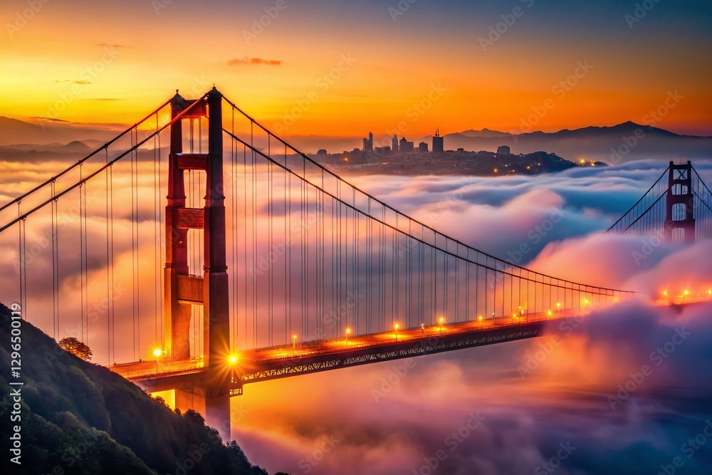 Fototapeta premium Golden Gate Bridge Sunset Fog, Dramatic Bokeh, San Francisco Bay Area Landscape