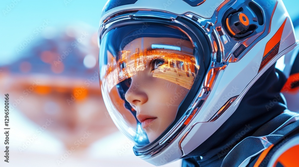 Girl In Space Suit With City Reflection On Helmet Girl In Space Suit With City Reflection On Helmet