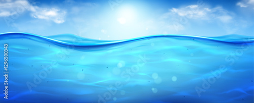 Realistic sea or ocean water surface. Vector illustration of water surface level with sun rays, underwater air bubbles, sunlight reflections, clouds on sky. Water surface of ocean, sea, river or lake.