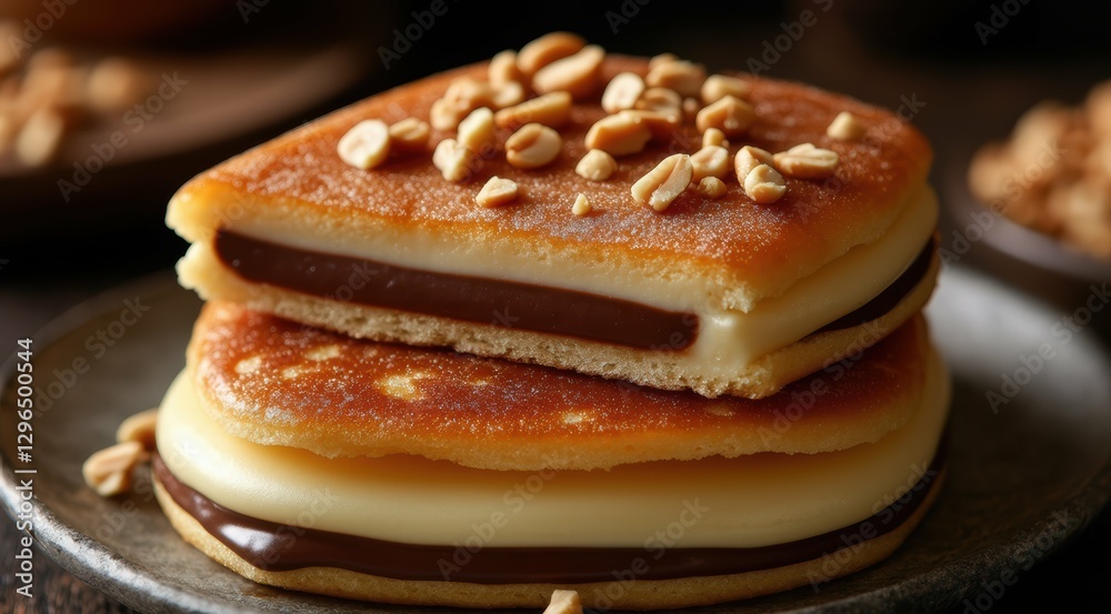 A delectable stack of pancakes with layers of chocolate. A delectable stack of pancakes with layers of chocolate.
