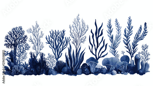 Corals and seaweed. Vector Hand Drawn Coral Sketch Botanical Illustration. Underwater flora, sea plants. Line art clipart. Vintage pink and blue marine plants isolated on a white background