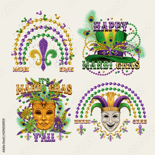 Carnival Mardi Gras labels with masquerade masks, beads, feathers, text. Vintage illustrations on white background. For prints, clothing, t shirt, holiday goods design