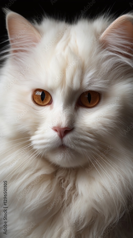 White Angora cat on black background, close-up portrait with space for text White Angora cat on black background, close-up portrait with space for text