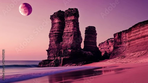 Rock formations stand tall under a pink moon at a serene beach during twilight