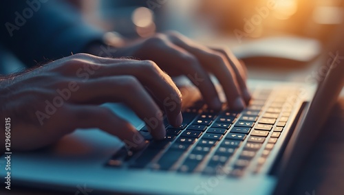 Focused Hands Typing on a Laptop Home Office Action Shot Warm Lighting Close-Up Productivity