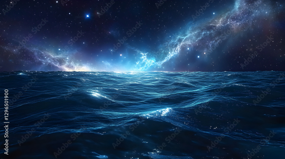 Fototapeta premium ocean floating in deep space, with stars reflecting on its endless waves