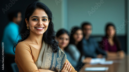 Confident Indian Female Leader in Saree Standing with Team