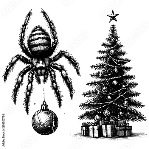 Spider Christmas line art drawing ink sketch vector hand drawn illustration background