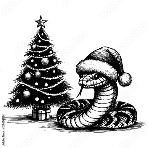 Snake Christmas line art drawing ink sketch vector hand drawn illustration background