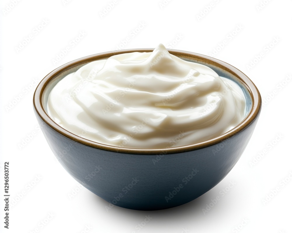 Creamy White Yogurt in a Blue Ceramic Bowl on White Background Creamy White Yogurt in a Blue Ceramic Bowl on White Background