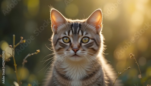 Cute Tabby Cat Portrait in Warm Sunlight with Green Background