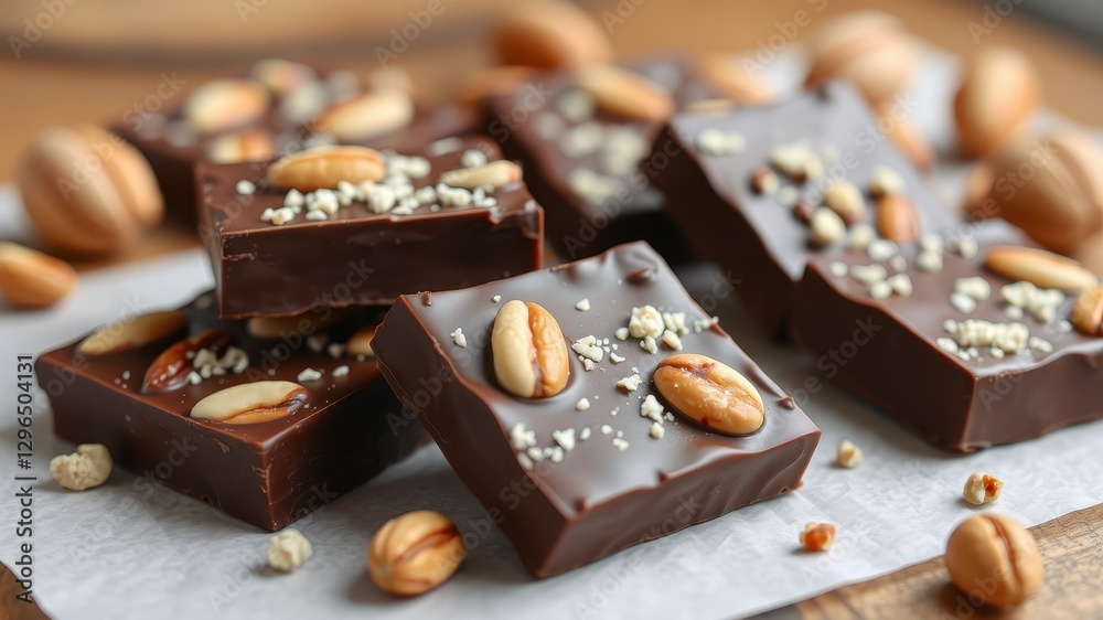 Rich Chocolate Bars with Nuts and Crunchy Toppings on a Surface Rich Chocolate Bars with Nuts and Crunchy Toppings on a Surface