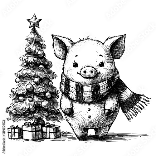 Pig Christmas line art drawing ink sketch vector hand drawn illustration background