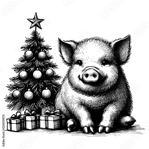 Pig Christmas line art drawing ink sketch vector hand drawn illustration background