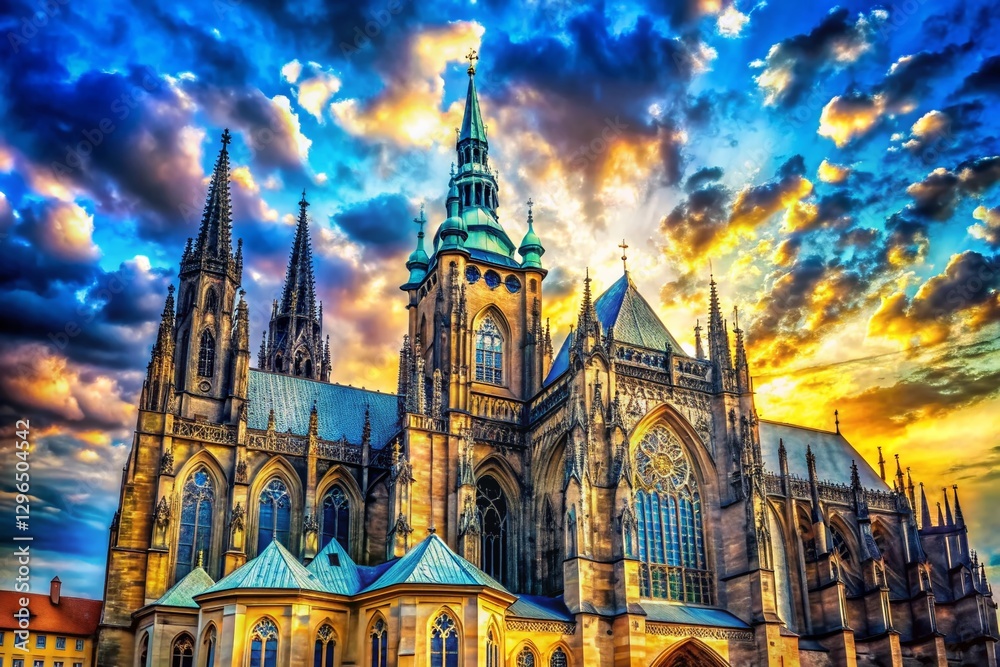 Fototapeta premium Gothic Cathedral Majesty: Surreal Blue Sky, Prague Architecture
