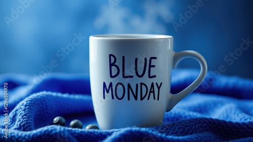 Blue Monday Coffee Mug on Cozy Blue Blanket with Beads