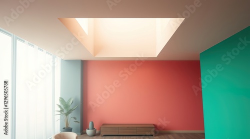 A modern room features coral and teal walls, a skylight, large windows with sheer curtains, a wooden media console, a potted plant, and a minimalist aesthetic.