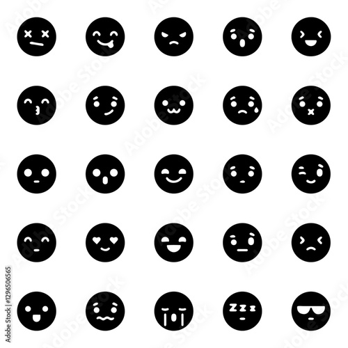 Emoji silhouettes. 25 different emotions in simple emoticons.