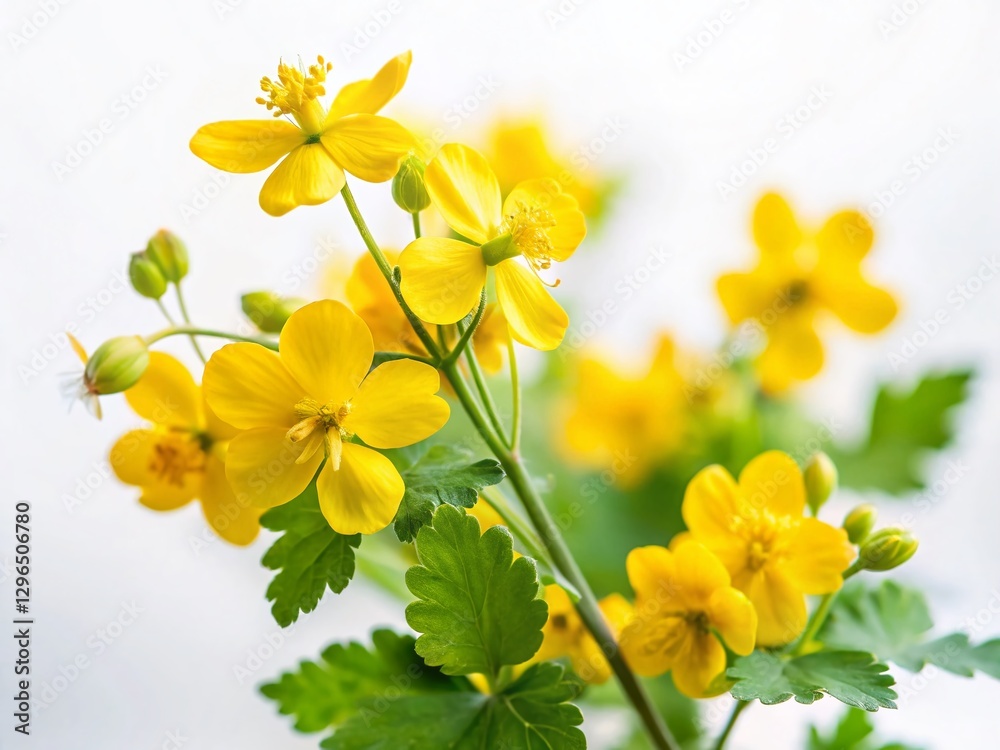 Obraz premium Greater Celandine (Chelidonium majus) Flowers on White Background - Medicinal Herb Stock Photo