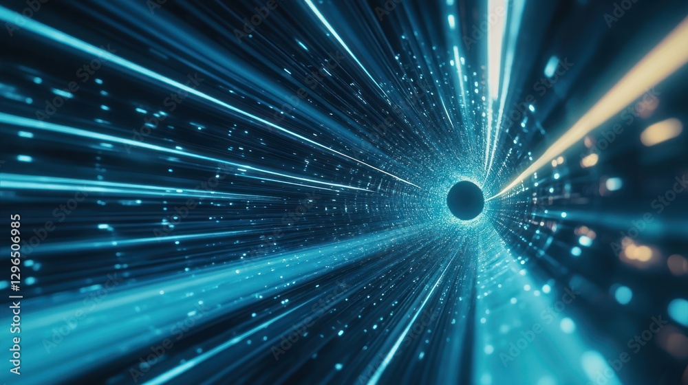 Fototapeta premium Blue light speed tunnel, digital data stream background, futuristic travel concept