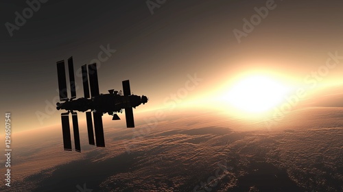 Fototapeta Naklejka Na Ścianę i Meble -  A flat black space station silhouette against a muted sun