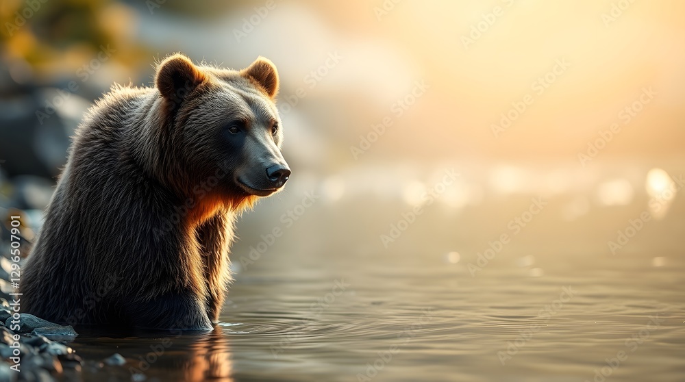 Obraz premium Brown Bear Wading in Water at Sunset Peaceful Wildlife Scene