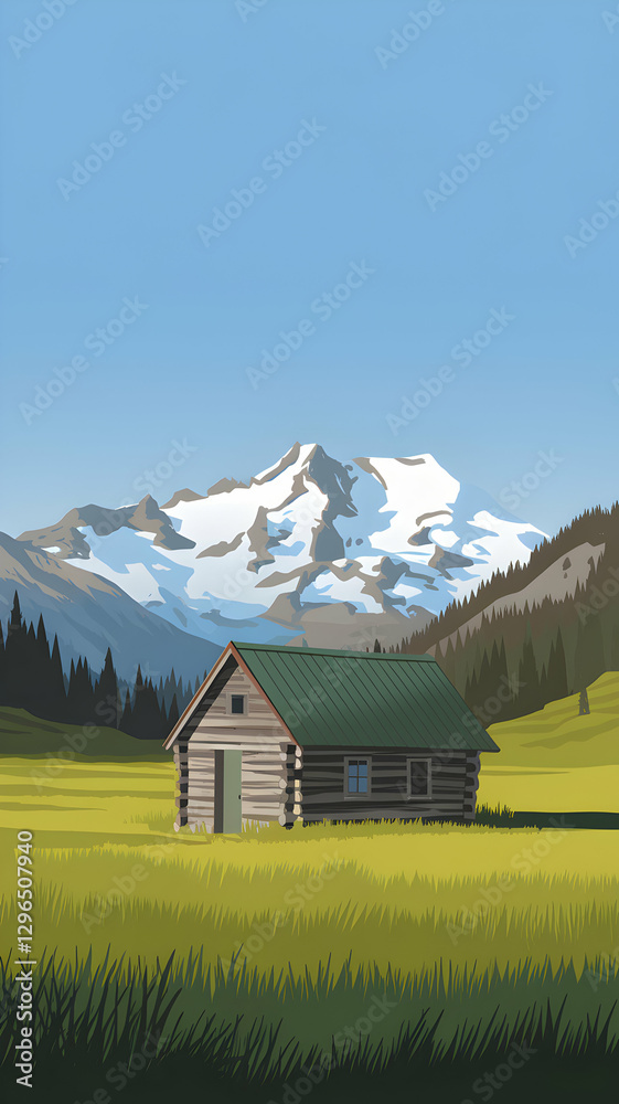 Obraz premium A rustic wooden cabin sits in a vast green meadow with mountain views Vertical Mobile Wallpaper