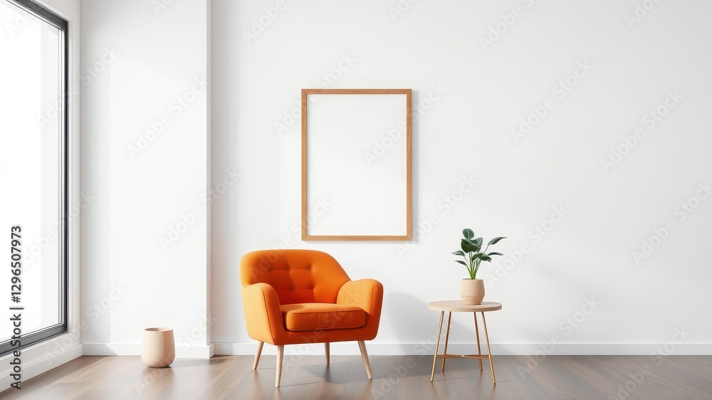 Bright Orange Chair in Minimalist Room with Empty Frame and Plant Bright Orange Chair in Minimalist Room with Empty Frame and Plant