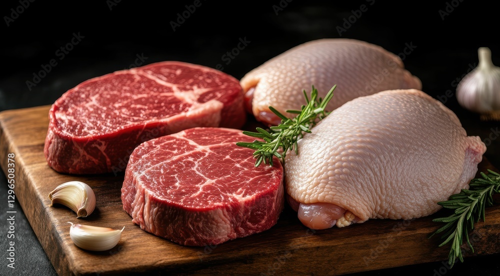 Raw chicken and steak pieces on a wooden board. Raw chicken and steak pieces on a wooden board.