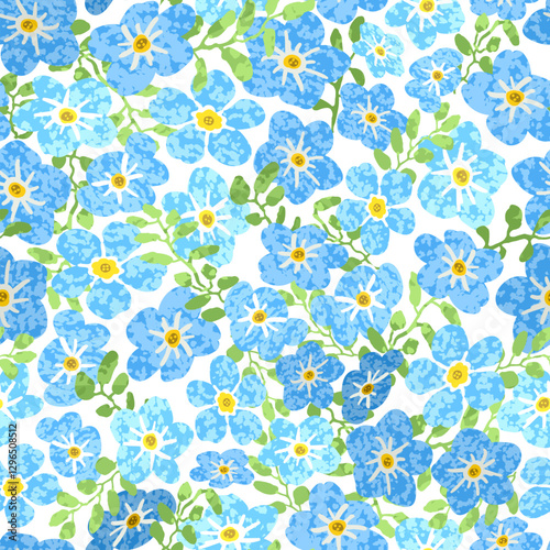 Vector Colorful Seamless Background with Illustration of Blue Flowers and Green Leaves on White Background