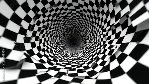 Fototapeta Naklejka Na Ścianę i Meble -  black white checkerboard spiral tunnel optical illusion vortex 3d depth abstract pattern swirl visual design twist