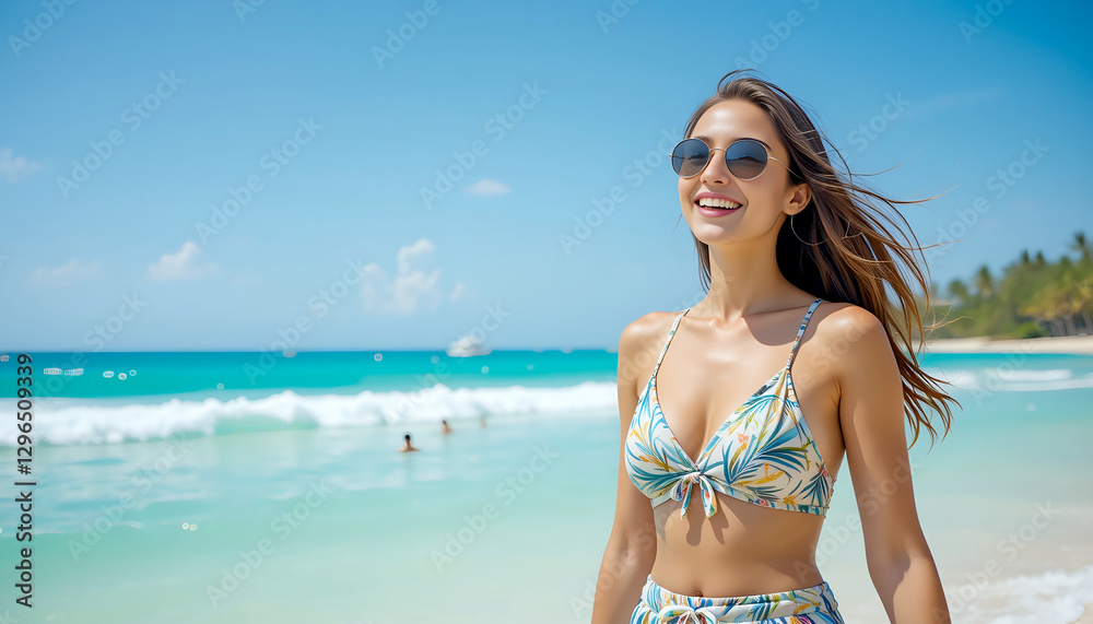 A smiling woman standing by the ocean, enjoying the tropical beach waves in vacation attire, with the clear blue sea and sky in the background A smiling woman standing by the ocean, enjoying the tropical beach waves in vacation attire, with the clear blue sea and sky in the background