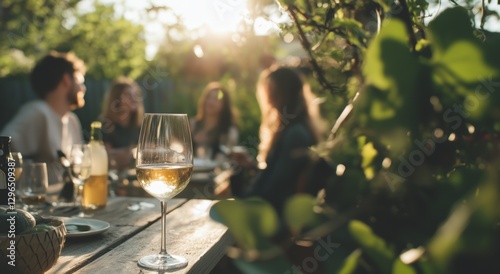 A serene outdoor gathering featuring a glass of white wine on a table, with friends enjoying a sunset backdrop.