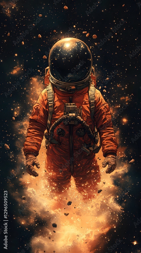Fototapeta premium An astronaut floating through space with starry helmet and space suit