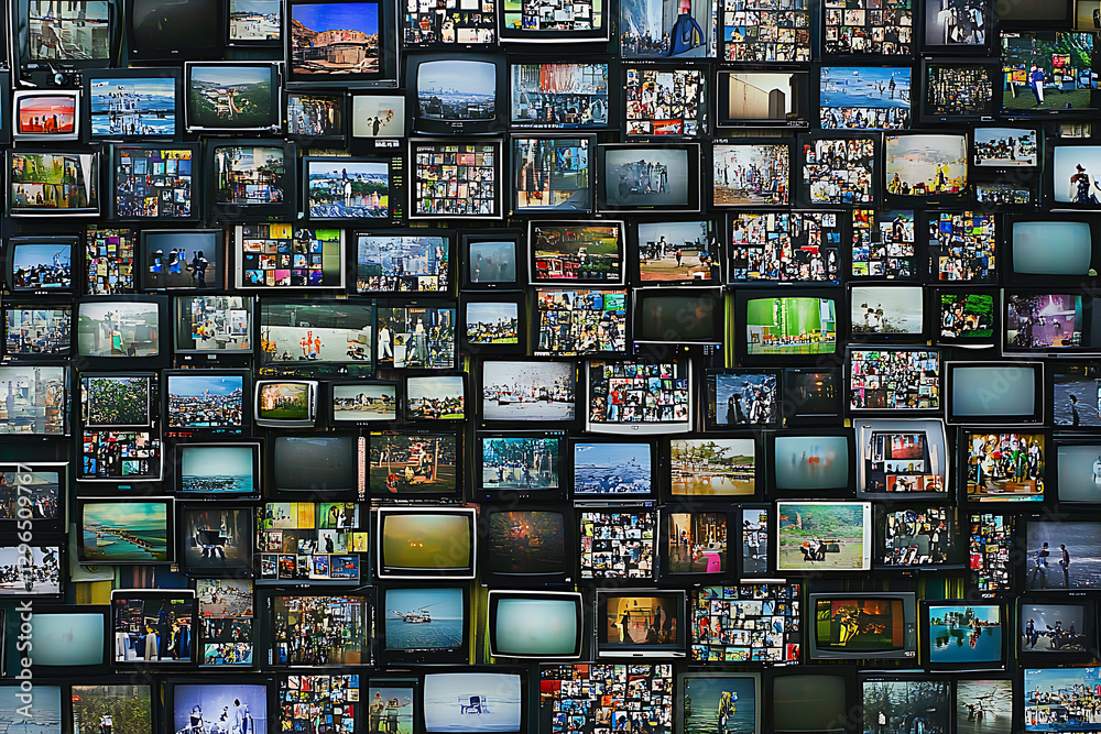 A wall of multiple television screens displaying various video content A wall of multiple television screens displaying various video content